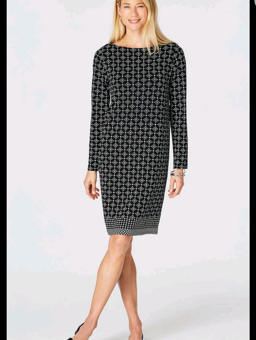 J.Jill Wearever Collection Womens Large Petite Black Blue Diamonds Stretch Dress - Picture 6 of 12